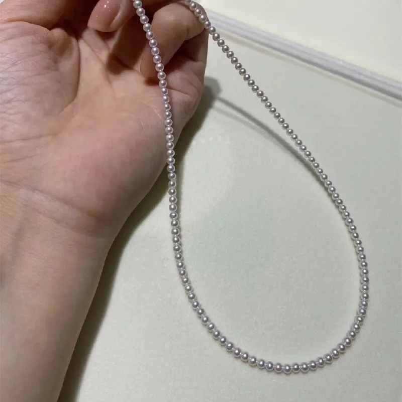 18K Solid Gold Natural Akoya Real 3-4mm Pearl Mini White Necklace Fine Jewelry Sweater Chain Simple Women Free Shipping