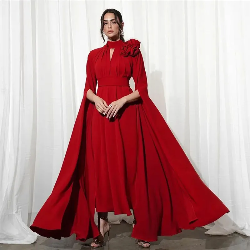 

Vintage High Neck Red Pleated Evening Dresses With Sleeves A-Line Chiffon Middle East Ankle Length Prom Dresses for Women