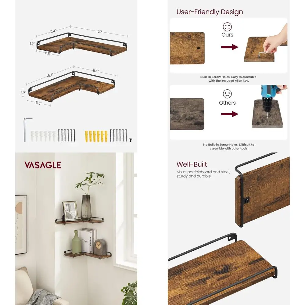 

Пара настенных угловых полков в деревенском стиле, небольшое декоративное хранилище для дома, коричневый и черный ULLS831B01