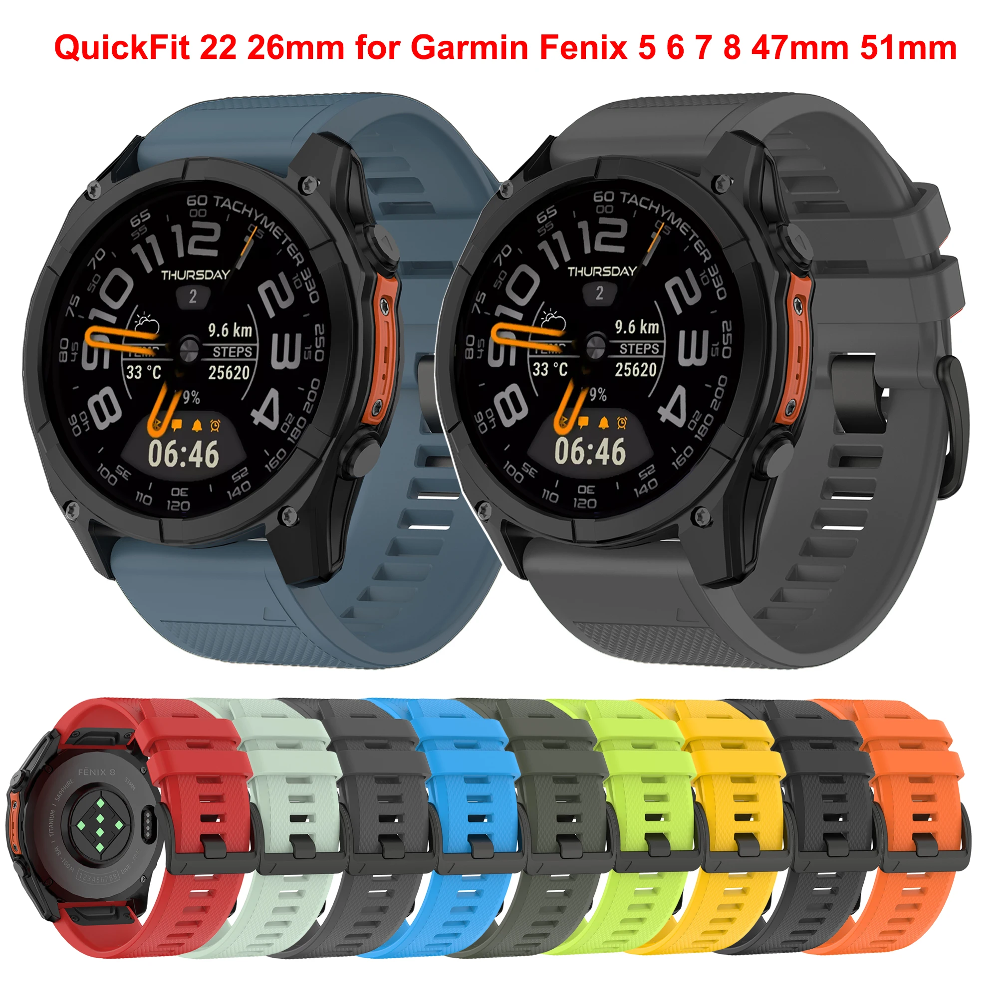 

QuickFit 22mm 26mm Sport Silicone Strap For Garmin Fenix 5 5X Plus 6X 67X 7 Pro Fenix 8 E Epix Pro 47mm 51mm Bracelet Watchband
