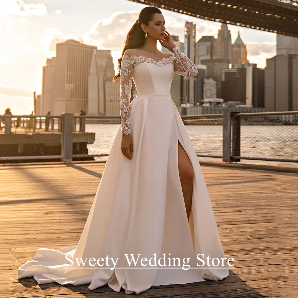 pretty beach wedding dresses Cap Sleeve Lace Chiffon Slit Beach Wedding Dress