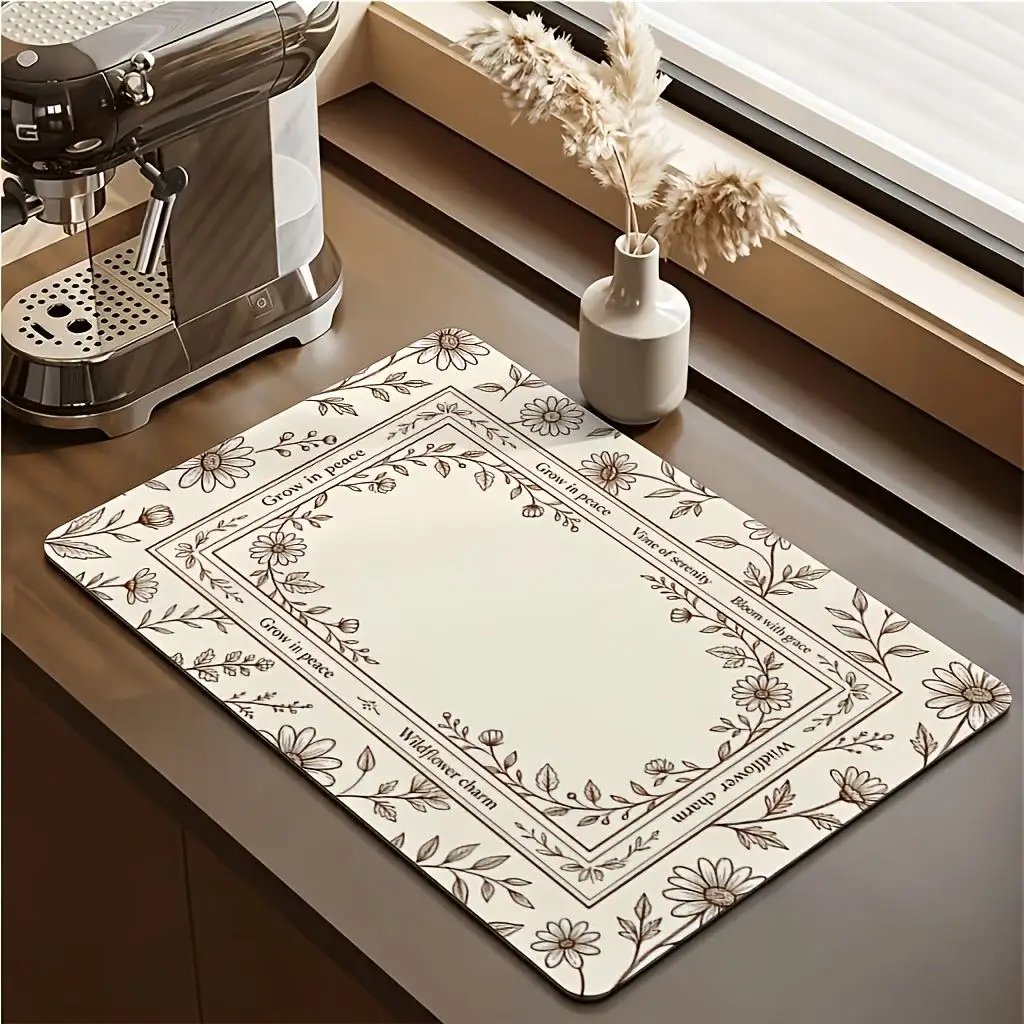 Kitchen Drainage Mat Watercolour Floral Flower Printed Pad Super Absorbent Coffee Maker Cushion Washable Table Placemat