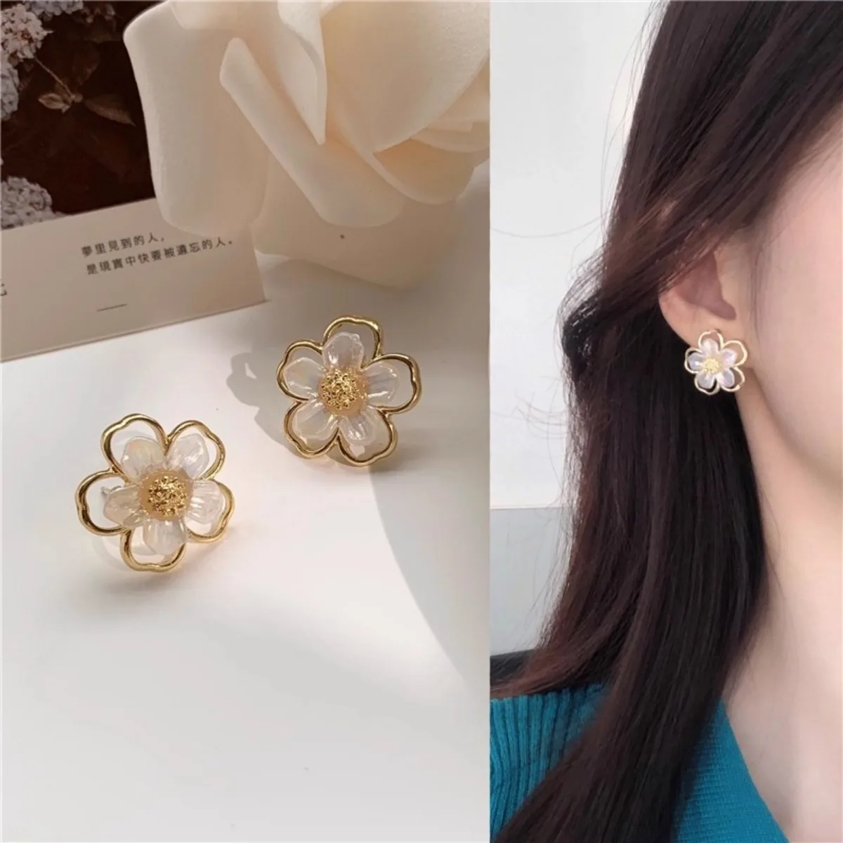 

translucent flower stud earrings gold plated minimalist elegant trendy lightweight fashion jewelry for women