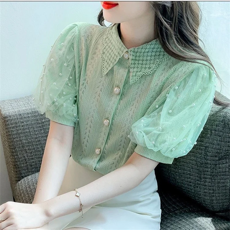 Women Spring Summer Style Lace Blouses Shirts Lady Casual Short Puff Sleeve Turn-down Collar Beading Decor Blusas Tops WY1008