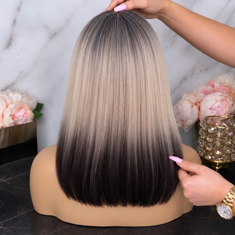 Futura Synthetic T Part Lace Front Wig for Women Straight Bob Shoulder Length Ombre Blonde with Dark Roots and Dark Ends