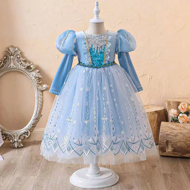 

2025 Princess Dress For Girls Blue Mesh Snowflake Halloween Costume Sequin Autumn And Winter With Long Sleeves Theme Party Dress