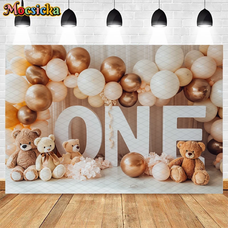 Mocsicka Tło fotograficzne 1st Birthday Party Cake Smash Kids Portrait Decor Tan Bear Balloon Wall Backdrop Photo Studio