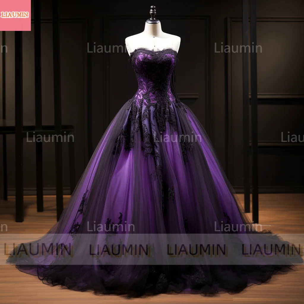 Tulle viola e bordo in pizzo nero Applique abito da sera con lacci sul retro a figura intera Brithday occasione formale abbigliamento Elagant W1-9