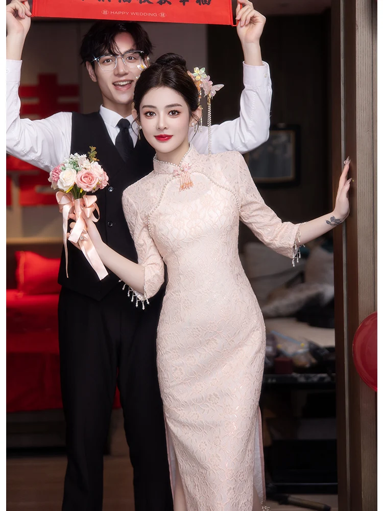 

Новое китайское кружевное платье розового цвета для женщин, модель 2026 года, для свадебных церемоний и повседневной носки, молодежное