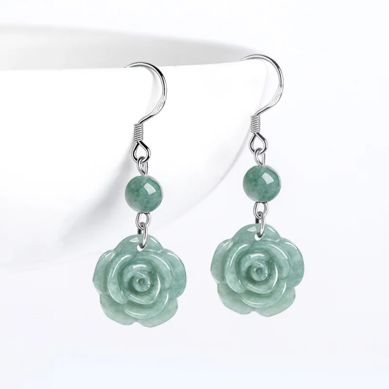 

Authentic Natural A-grade Jade Bean Green Rose Earrings S925 Silver Ice Jadeite Fashionable Women's Gifts Jewelry Drop Shipping