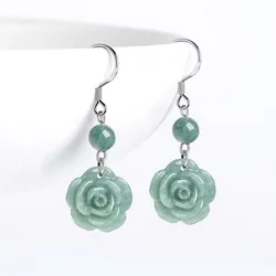 Authentic Natural A-grade Jade Bean Green Rose Earrings S925 Silver Ice Jadeite Fashionable Women's Gifts Jewelry Drop Shipping