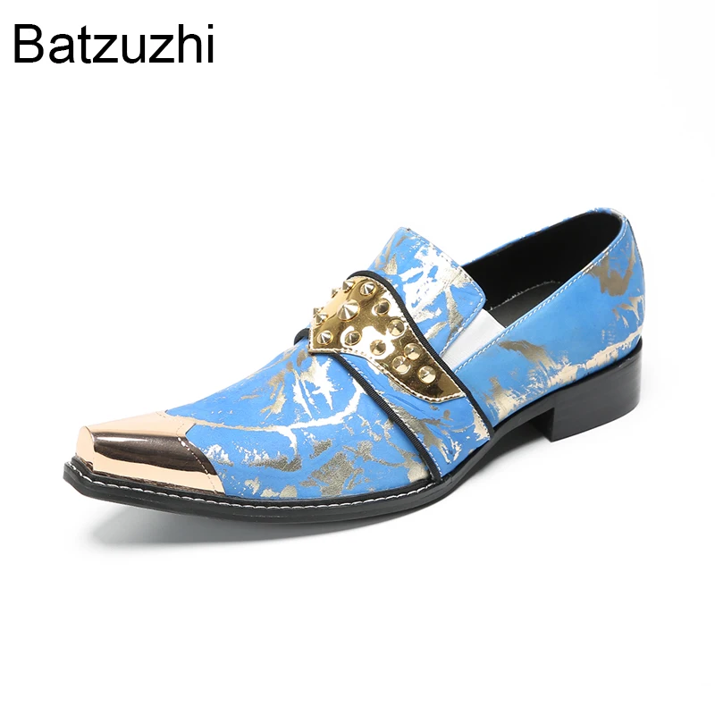 Batzuzhi Fashion Light Blue Men's Leather Dress Shoes Slip on Formal Business, Party/Wedding Shoes for Man Golden Toes, US6-US12