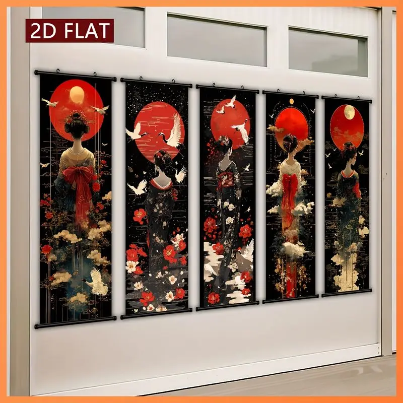 VIKAMA Japanese Geisha Hanging Scroll Set Crane Red Sun Kimono Ukiyo-e Poster Vertical Wall Art for Living Room Bedroom Decor