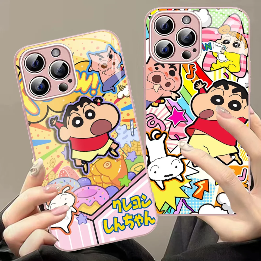 C-Crayon S-Shin Chan Cute Fashion Phone Case For IPhone 14 13 12 Mini 11 Pro XS Max X XR 14 Plus Tempered Glass Cover