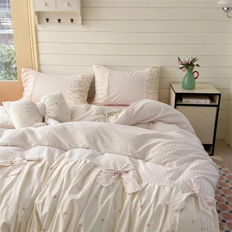 Pink Blue Korean Princess 100% Cotton Bedding Set Striped Pleated Ruffles Bow Duvet Cover Bed Sheet/Fitted Sheet Pillowcase 4Pcs