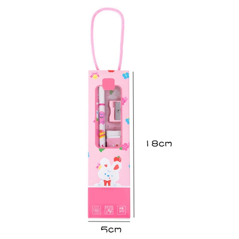 Kit de útiles Escolares Kawaii, suministros completos (lápiz 2 piezas, goma de borrar, sacapuntas, regla)