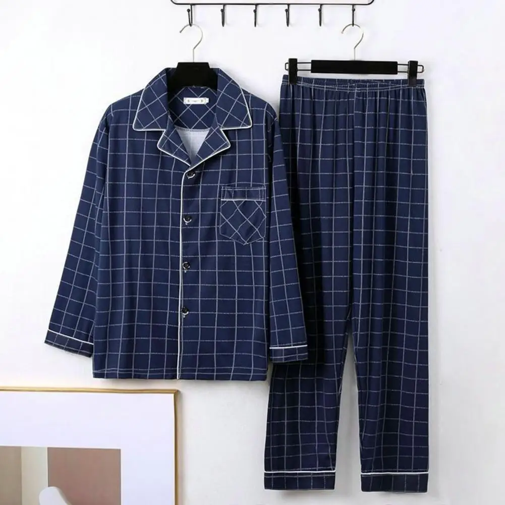 Conjunto de pijama estampado xadrez listrado elegante masculino, lapela combinando cores, peito único, manga longa larga, outono, inverno, roupas de noite masculinas