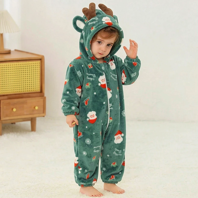 Christmas Baby Bodysuit Costume Santa Claus Hooded Plush Winter Thicken Zipper Onesie Festival Party Holiday Dress Child Clothes