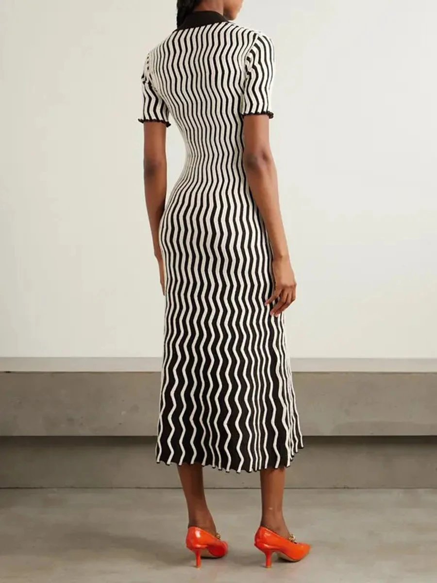 VGH Coffee Collar Zig Zag Knit Maxi Dress for Women Polo Neck Half Placket Buttons Short Sleeve Bodycon for Spring Fall Commute