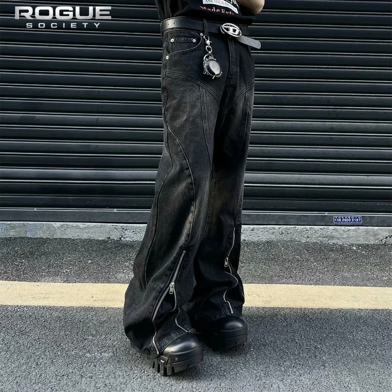 

American Streetwear Baggy Y2K Zipper Flare Jeans Men High Street Gothic Punk Casual Harajuku Distressed Grunge Trousers Unisex