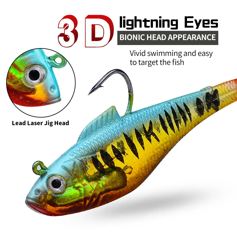 1/5 Stück Künstlicher Weichköder mit Jigkopf 3,6g 9,5g 24,6g Jigging-Weichköder Gummi-T-Schwanz Angelköder Schwimmköder für Barsch und Hecht – Detail 6