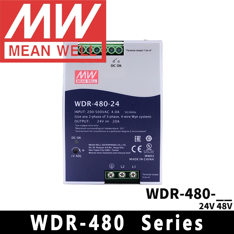 Mean Well WDR-480-24/48 meanwell AC/DC 24V/48V/480W 180-550VAC Input Single Output Industrial DIN RAIL Power Supply