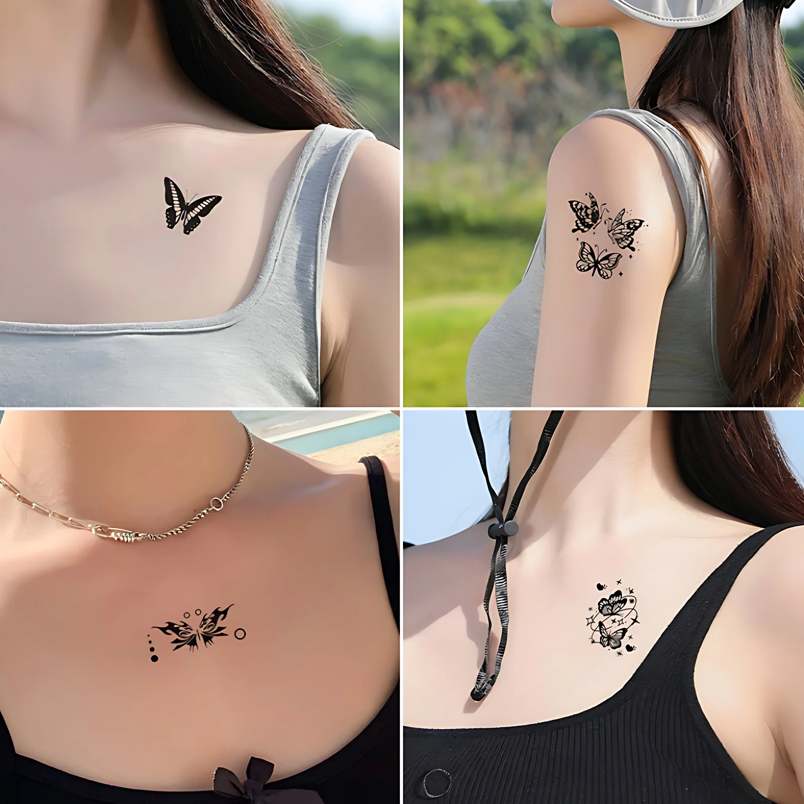 30pcs/lot Girl Women Aesthetic Black Butterfly Tattoo Adhesive Tiny Heart Moon Temporary Tattoo Transfer for Hand Chest Shoulder