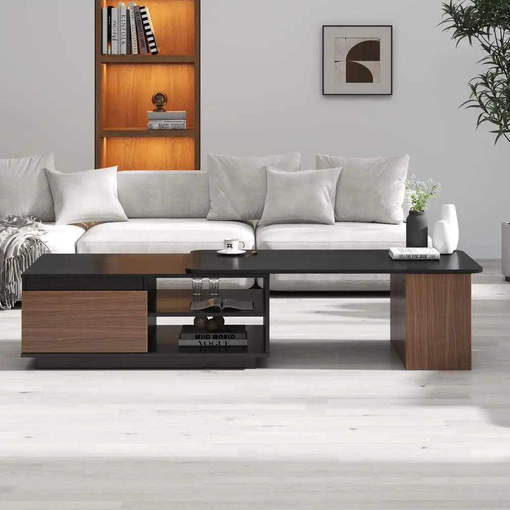 

Extendable Coffee Table Wood Living Room Center Table with 2 Storage Drawers Large Rectangular Adjustable Length