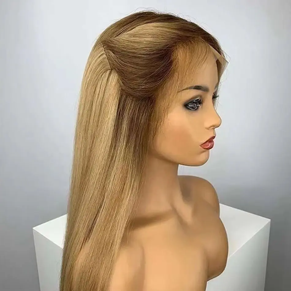 

26Inch Free Part Ombre Blond Straight Long Glueless 180Density Lace 5x5 Silk Base Human Hair Wig For Women BabyHair Preplucked