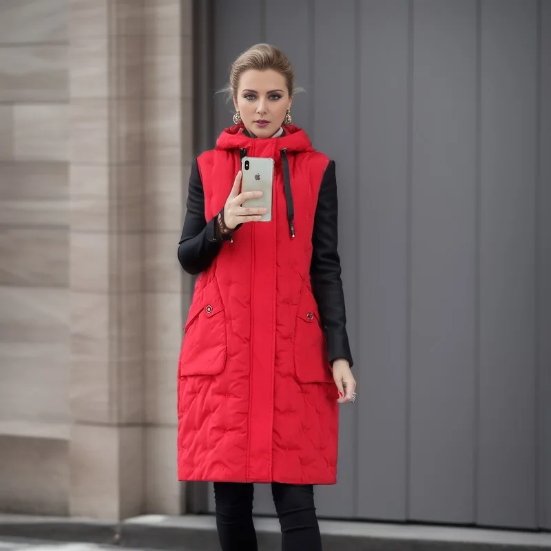 Women Parkas Sleeveless Solid Vests Loose Zippers Long Coats Hooded Pockets Outerwear Elegant Casual Waistcoat Winter 2024