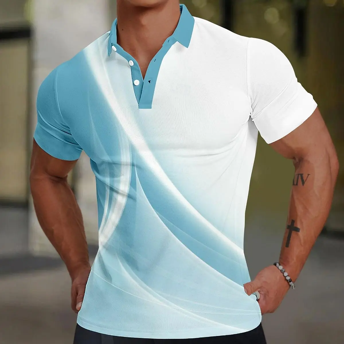 Striped Men\'s Business Casual 3D Polo Shirt Street Polyester Short Sleeve Turndown Polo Shirts Micro-elastic Lapel Polo Summer