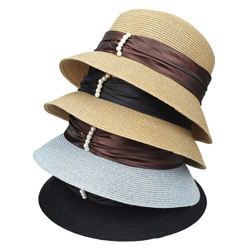 

Новая женская соломенная панама весна-лето с жемчужной цепочкой и бантом, модная пляжная шляпа для защиты от солнца на открытом воздухе