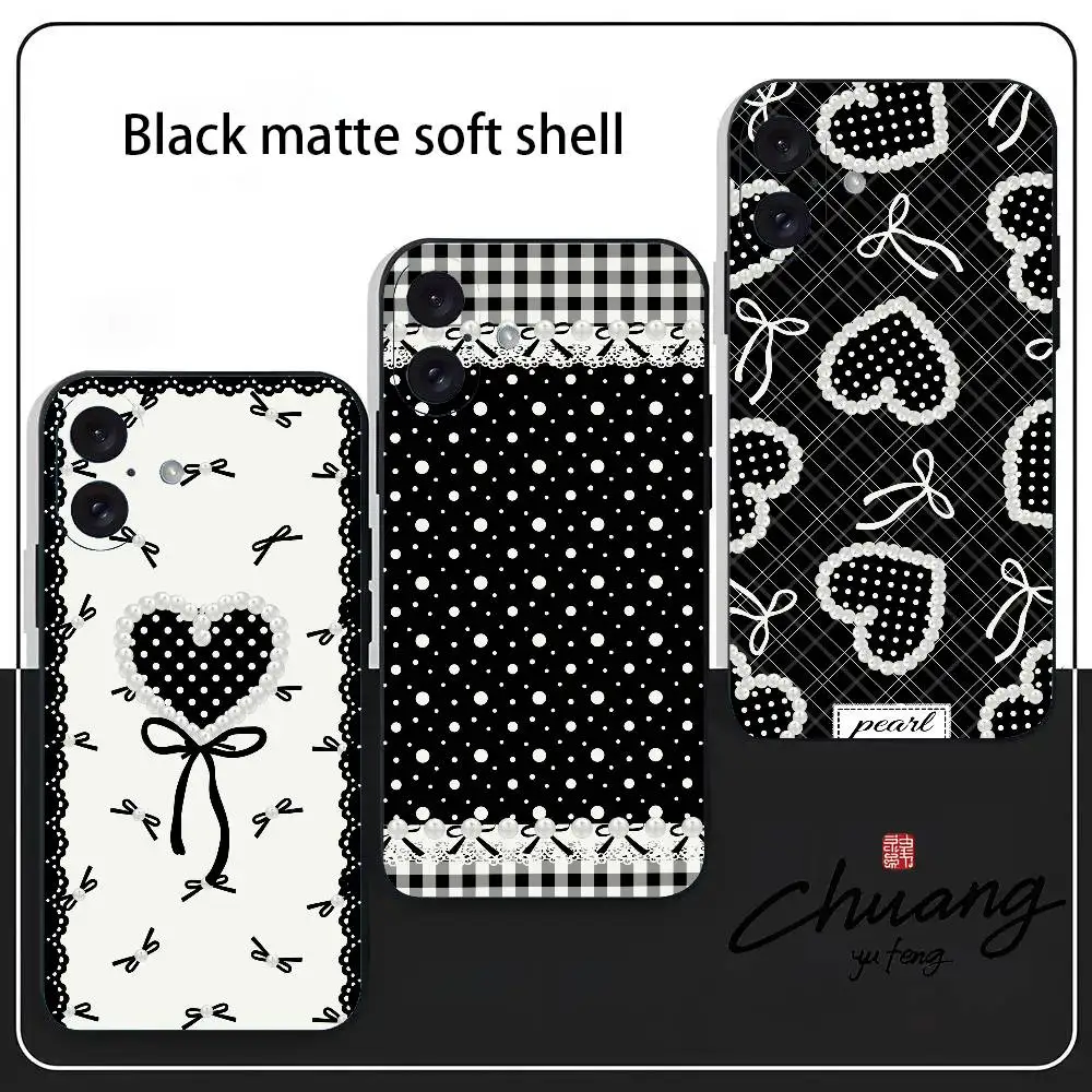 

Pearl Bow Phone Case Stylish Black Matte TPU Case For 11-16. Anti-slip And Wear-resistant
