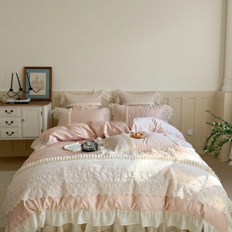 High-end French light luxury girl heart pink bed sheet four-piece set, lace lace bed cover