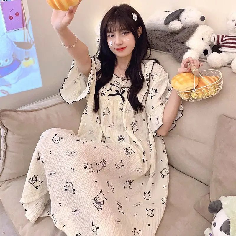 

Sanrio Pochacco Sexy Pajamas Dress for Lady Summer Sleeping Skirt Long Dresses Nightie Short Sleeve Sleep Night Dress Home Wear