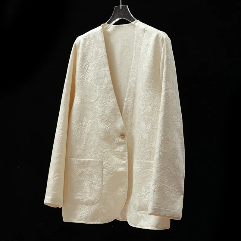 

Women Blazer 62% Mulberry Silk 32% Cotton 6% Polyester Cream-white One Button V Neck Coat Jacket office work M L M1507