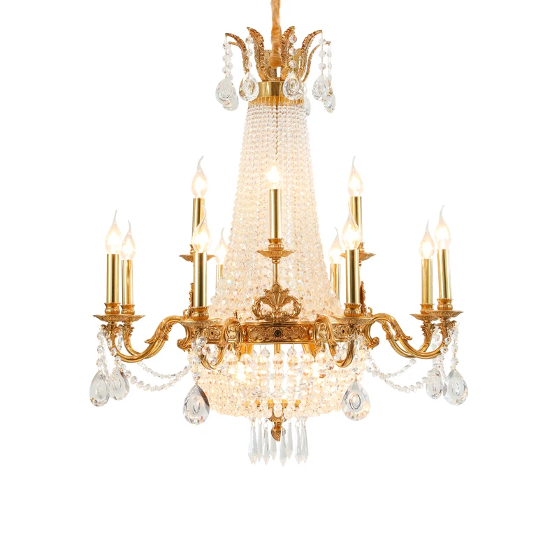 

European Foyer Dome Gold Pendant Lamp E14 Candle Lights French High Ceiling Luxury Copper Crystal Living Room Chandelier