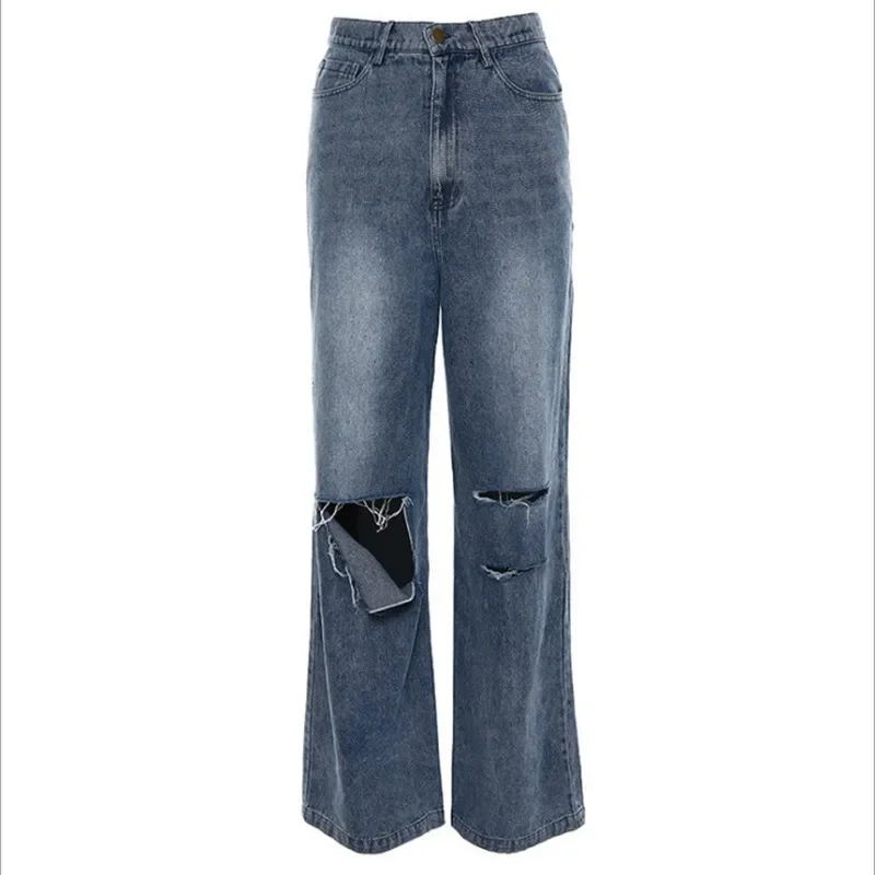 Straight Denim Pants for Women with High Waist and Torn Knees Loose and Thin Denim Pants Suitable for Summer