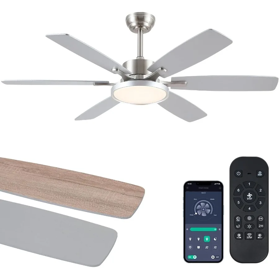 مروحة سقف حديثة مقاس 52 بوصة مع جهاز تحكم عن بعد مدمج وجهاز تحكم في التطبيق لغرفة النوم وغرفة المعيشة، تصميم مثبت على السطح يتميز بتيار مستمر R #1