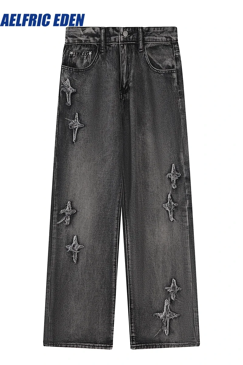 Aelfric Eden Star Embroidered Washed Jeans 2023 Men Hip Hop Denim Streetwear Hole Denim Pant Harajuku Joggers Jeans Harem Pants