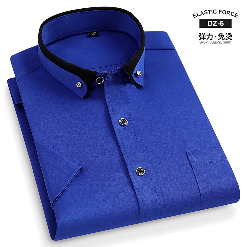 

Drilling buckle elastic short sleeve shirts for men double collar regular fit formal shirt business designe office thin clothes