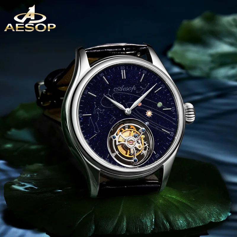 Aesop 7025 jam tangan mekanis Pria Dial batu pasir biru modis safir kulit baja tahan karat gerakan Tourbillon terbang Manual