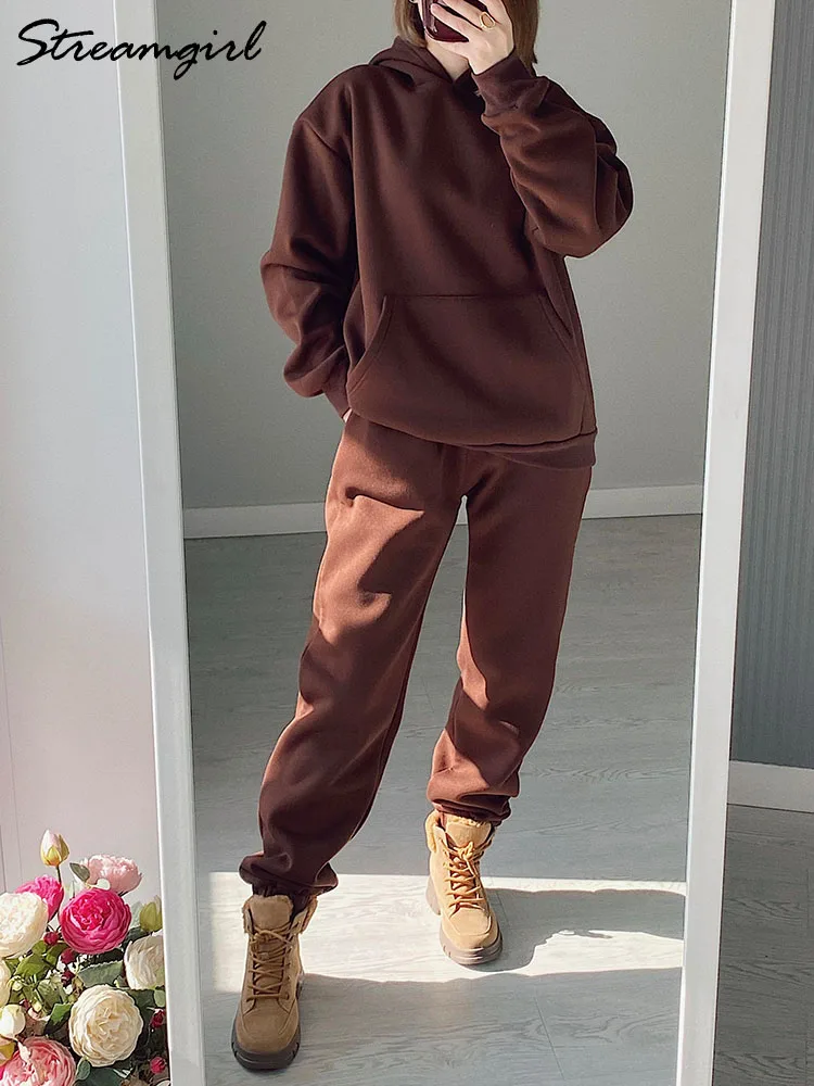 Winter Sweat Suit Set Women Fleece Hoodies Two Pieces Outfit Pants Sets Casual Loose Winter Warm Tracksuits For Women 2 Pieces