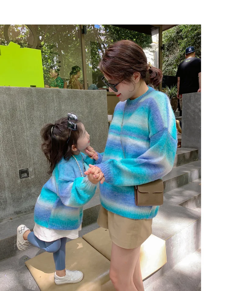 Parent and Children Clothes Mother and Daughter Sweater Loose Blue Clothes Fashion 2025 Autumn and Winter New Style