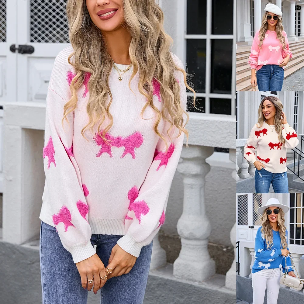 Dames Truien Strik Print Lange Mouwen Gebreide Pullovers Casual Truien Losse Herfst 2024 Vrouwelijke Trui Lichte Strech