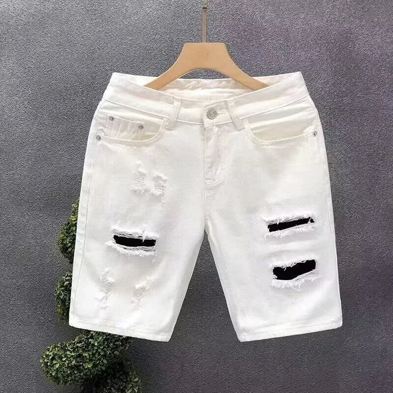 Summer Men Worn Hole Denim Shorts Fashion Brand Loose Straight White Short Pants