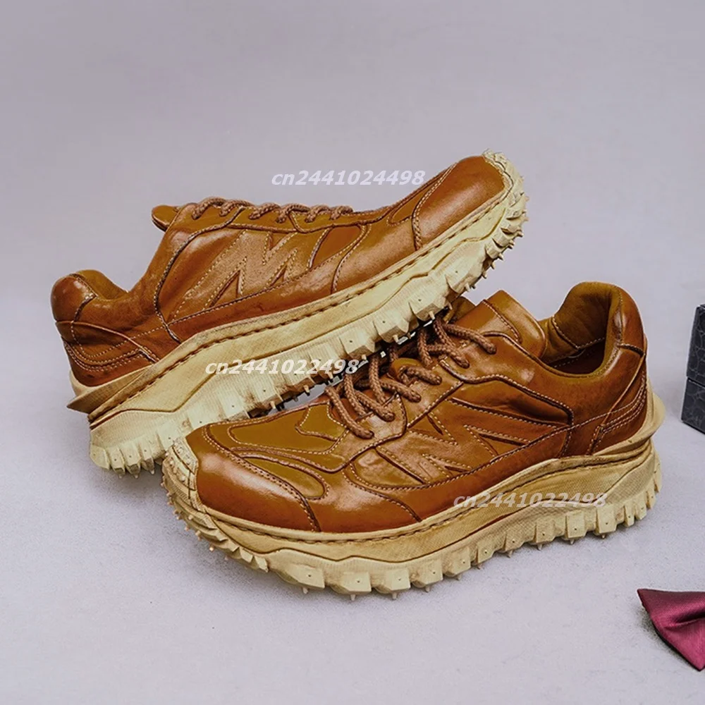 Men Distressed Washed Leather Platform Sneakers Thick Non Slip Sole Lace Up Street Fashion Shoes Vintage Leather Casual Trainers