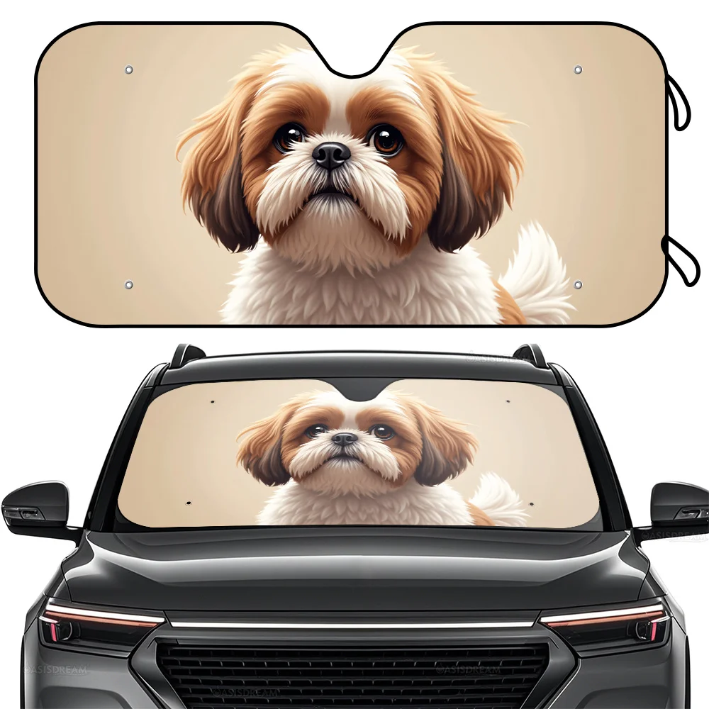 

1pc OASISDREAM Shih Tzu RV Windshield Sun Shade - Foldable UV Blocking Sunshade With 4 Suction Cups, Cute Dog Design, Keeps Car