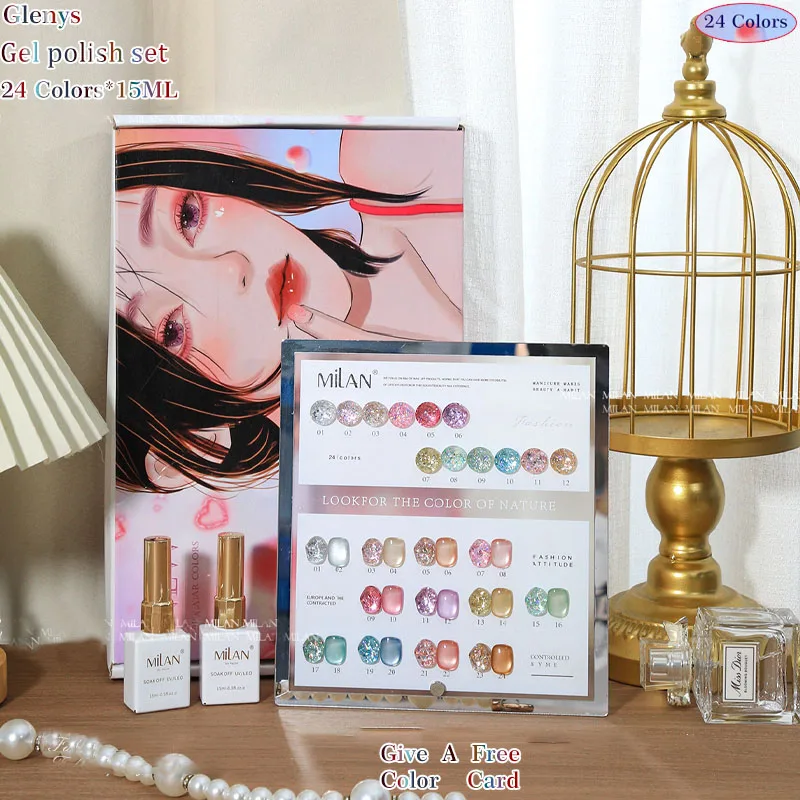 Glenys-pegamento para esmalte de uñas, 24 colores, gel de inmersión semipermanente, tarjeta a juego de colores, UV LED, kit de aprendizaje de barniz para decoración de uñas, venta al por mayor
