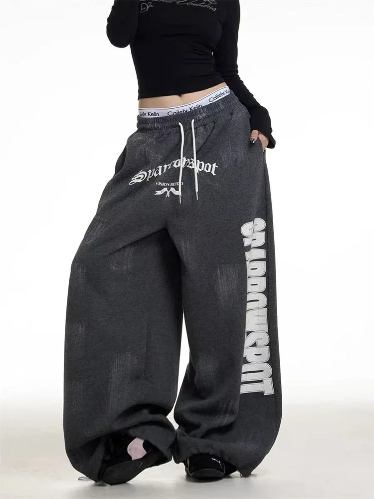 

Y2K Свободные широкие джинсы с буквенным принтом Женская мода Уличная одежда Негабаритные универсальные джинсовые брюки Прямые брюки в стиле панк с высокой талией